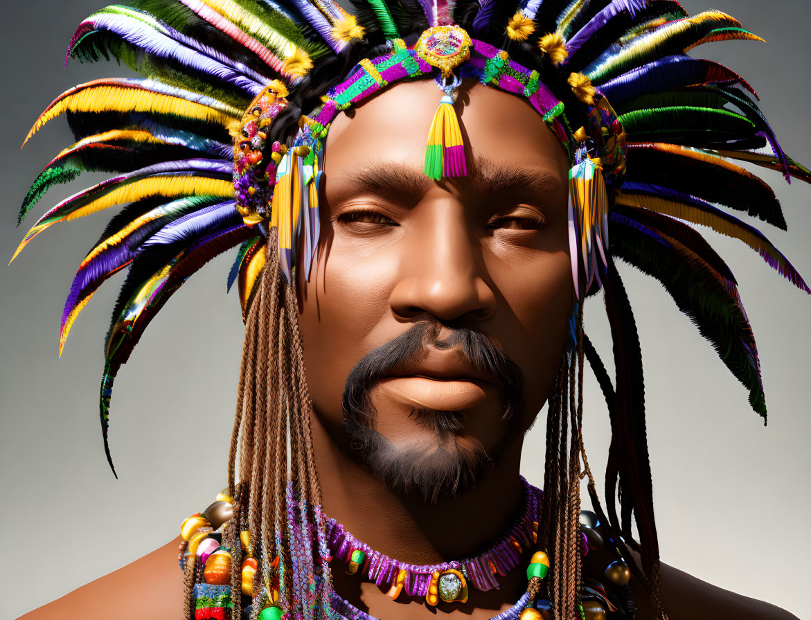 Man Wearing Colorful Feathered Headdress and Beaded Jewelry