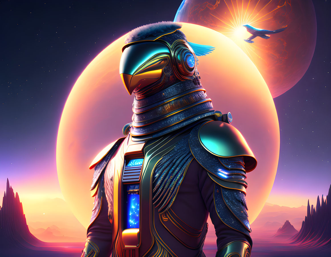 Armored futuristic figure in visor on vibrant alien landscape