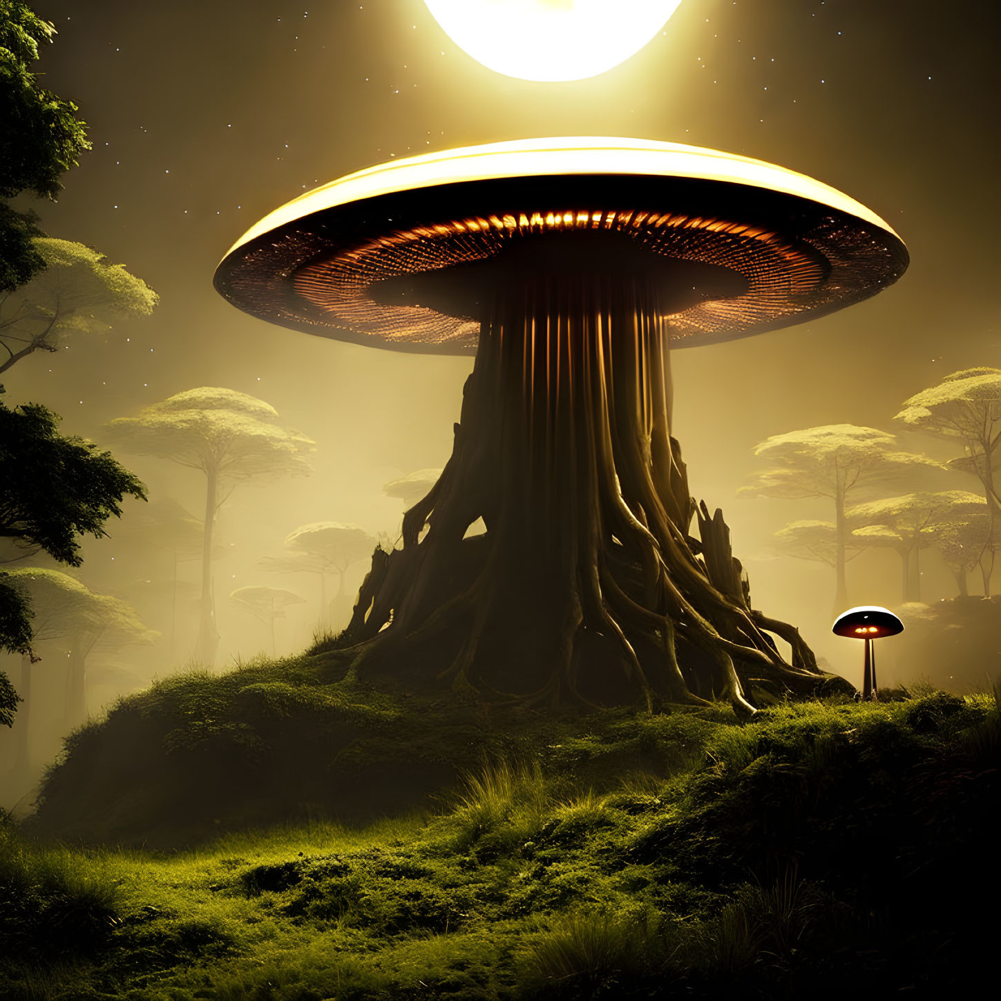 Giant glowing mushroom in mystical forest under celestial body