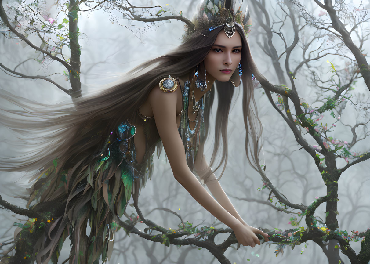 Mystical female figure merges with twisted tree branches in enchanted forest