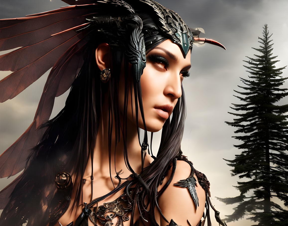 Fantasy female character with elfin features and intricate armor in digital artwork