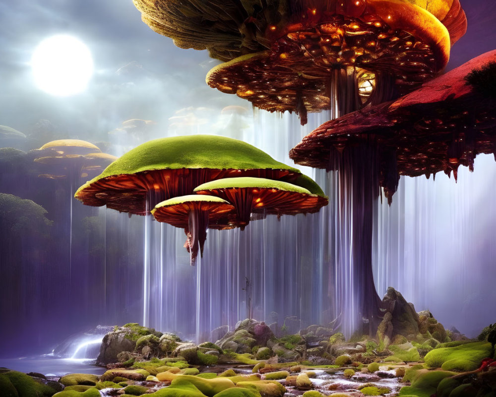 Fantastical landscape with oversized mushrooms, mossy terrain, waterfalls, and luminescent sky