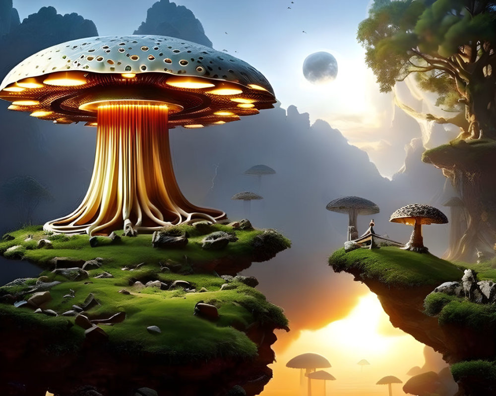 Fantastical landscape with oversized mushrooms, floating islands, lush trees, swing, sunset, and distant
