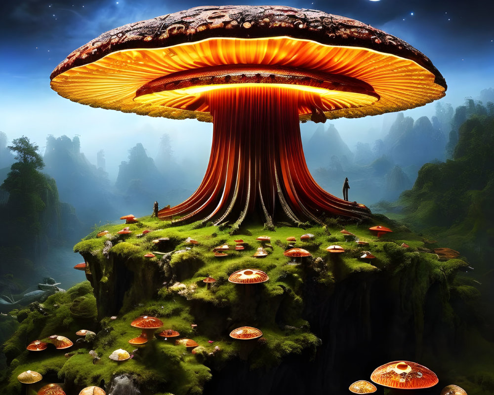 Giant Glowing Mushroom in Forested Landscape