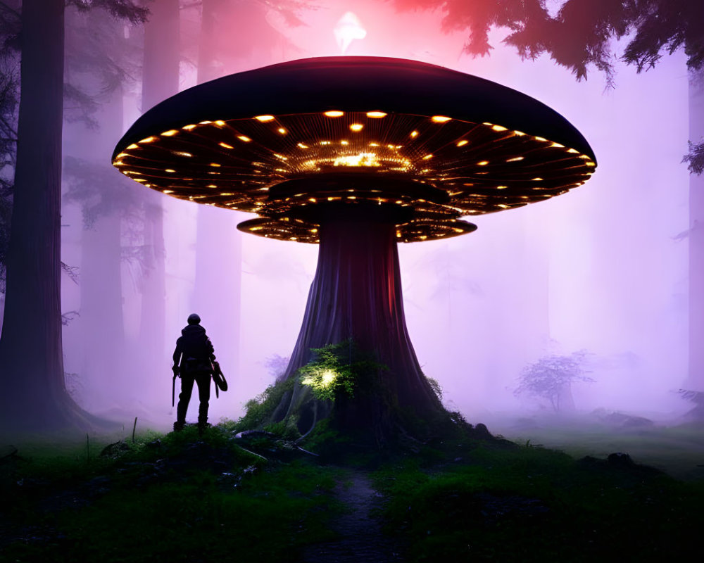 Person standing before giant glowing mushroom in misty forest.