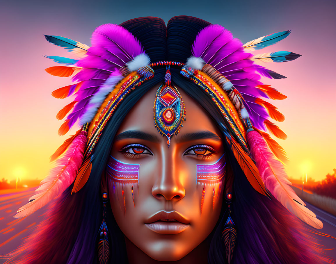 Colorful Native American headdress portrait against sunset.