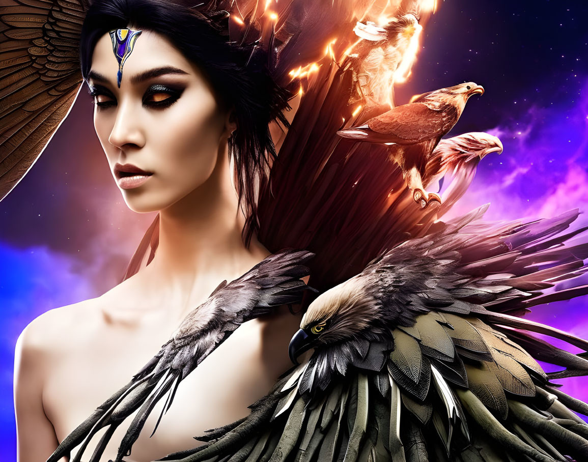 Fantasy-inspired image of woman with bird-themed headdress and fiery birds.