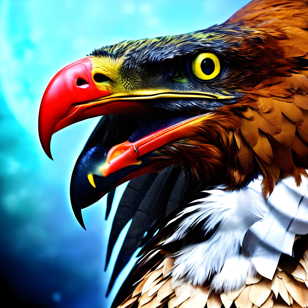 Majestic eagle with vibrant plumage and sharp beak on blue background