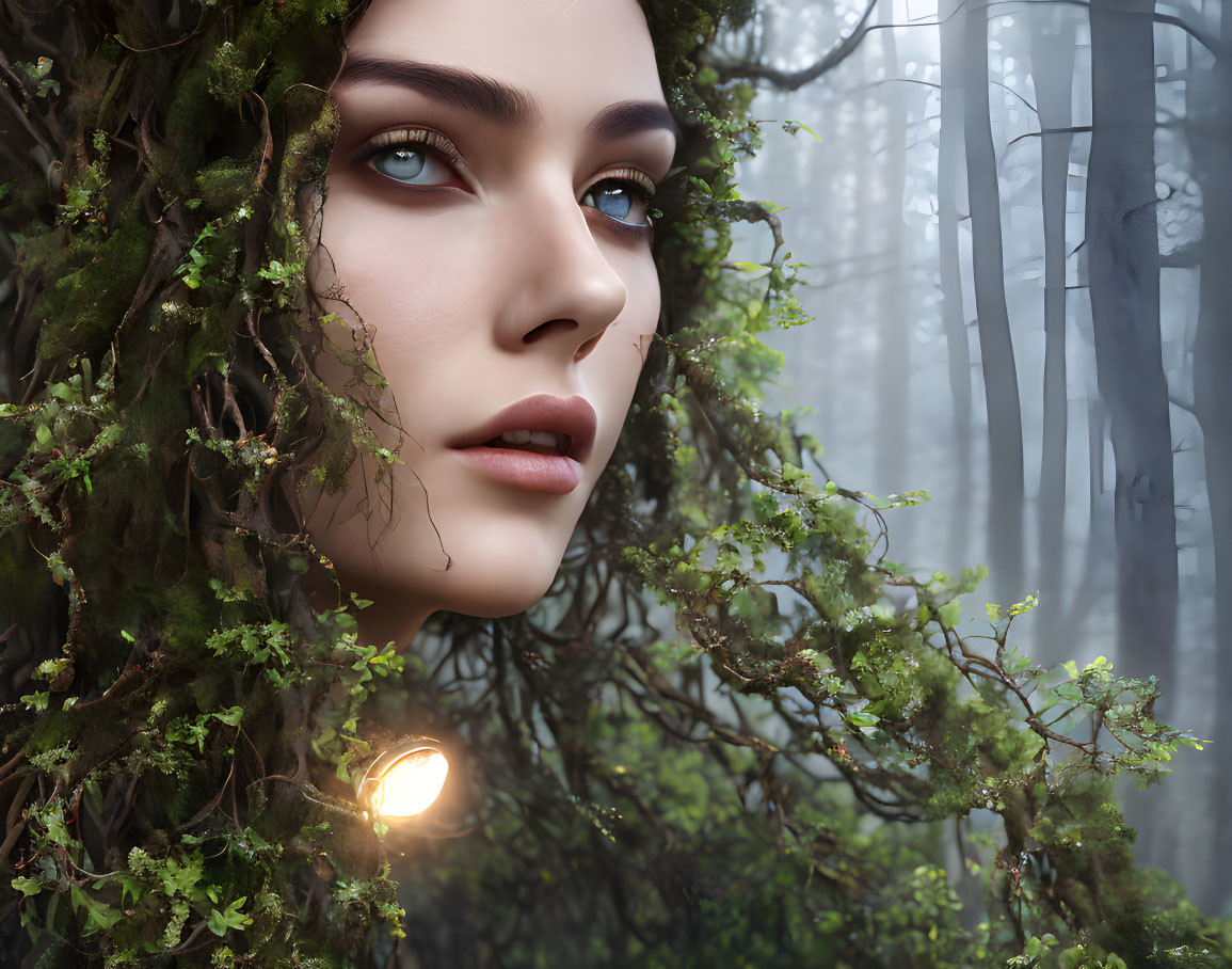 Digital artwork: Woman's face merges with moss-covered tree trunk in foggy forest