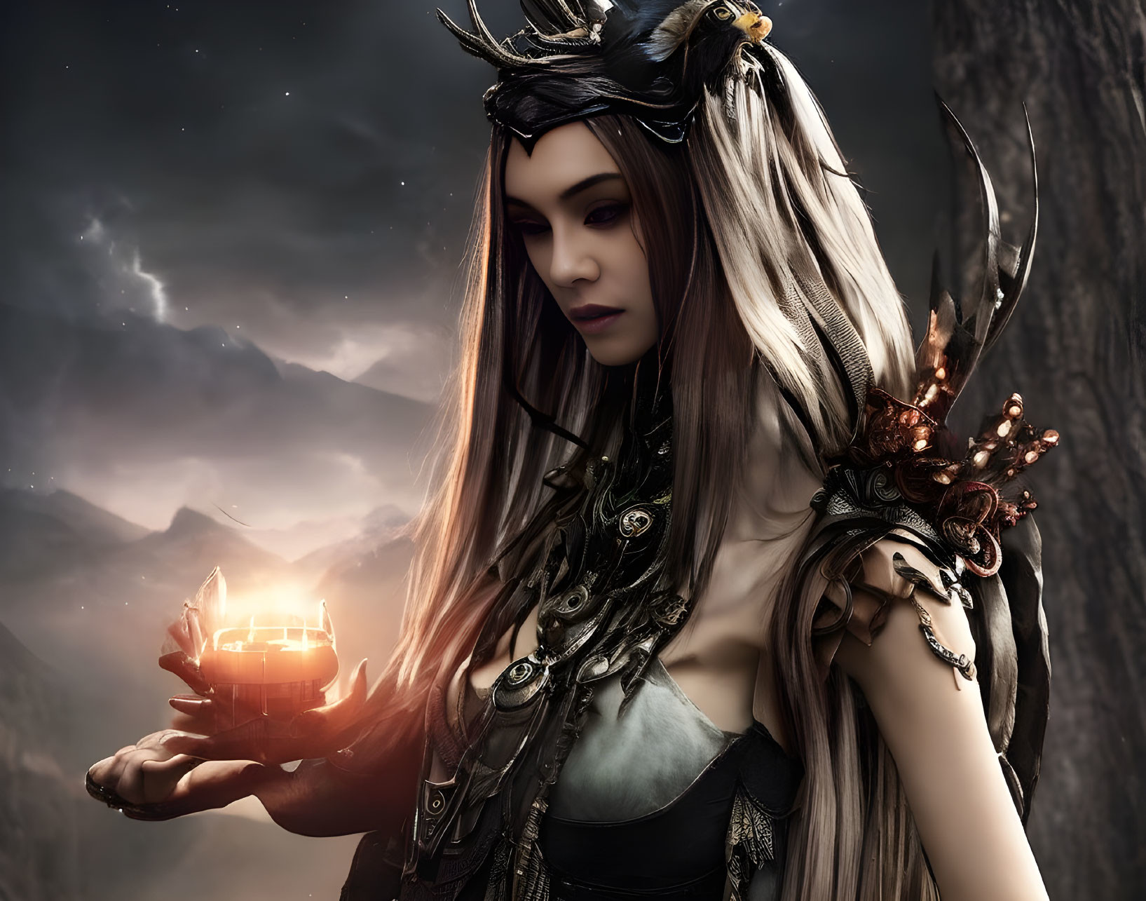 Mystical woman in dark fantasy attire holding glowing orb with misty mountain backdrop