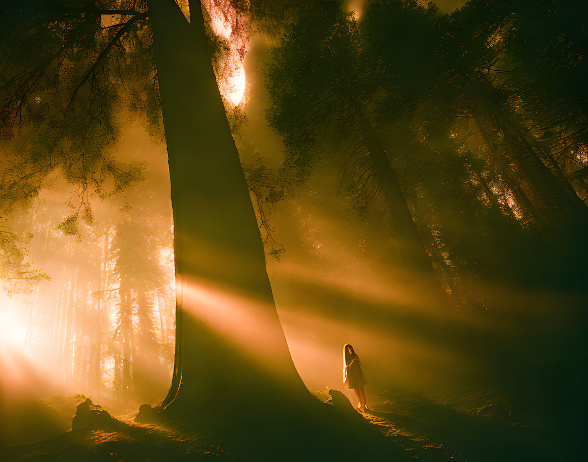 Silhouette of a person in misty forest with sunlight rays creating mystical atmosphere