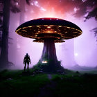 Person standing before giant glowing mushroom in misty forest.