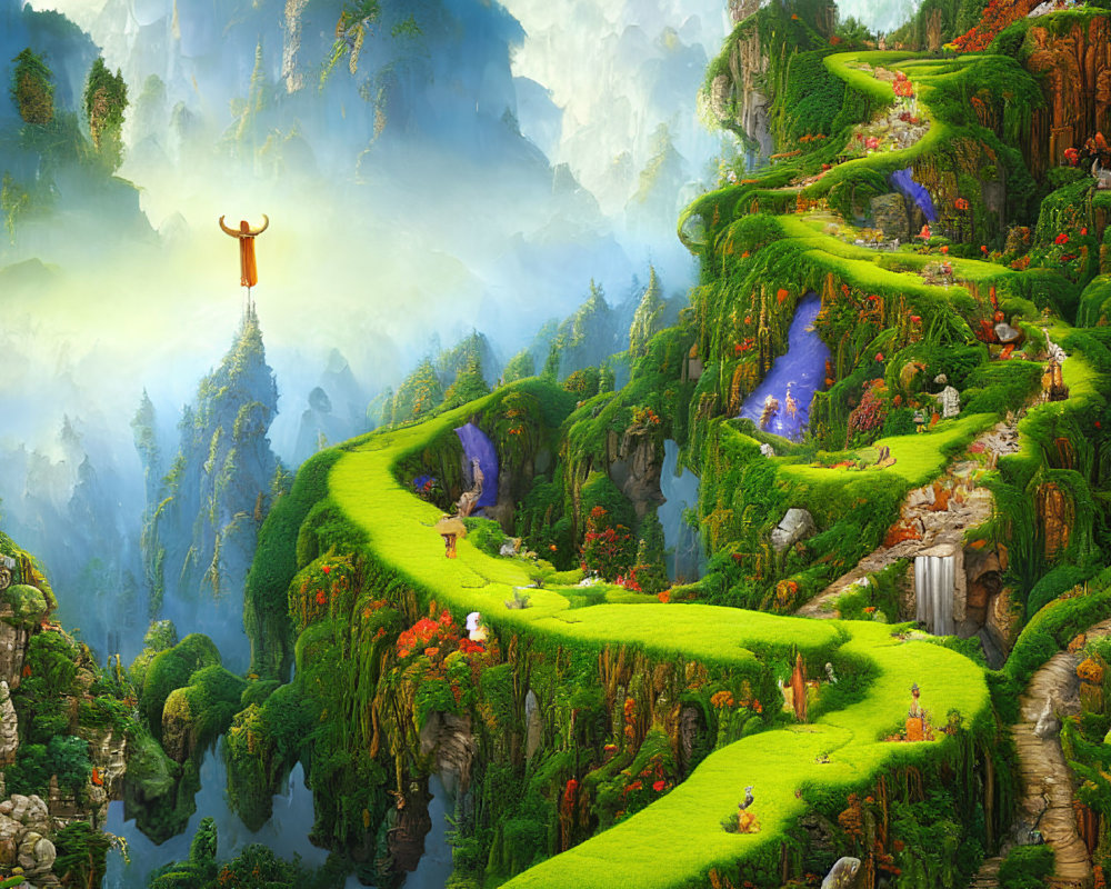 Fantasy landscape with winding pathways, waterfalls, lush greenery, and mysterious structure