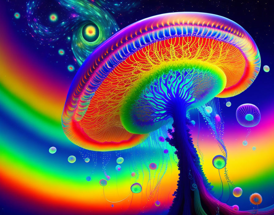 Colorful digital artwork: Psychedelic jellyfish in surreal space