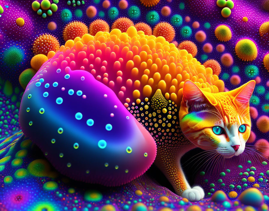 Colorful Digital Art: Orange Tabby Cat Surrounded by Psychedelic Orbs
