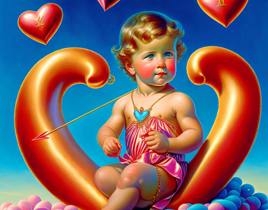 Cherubic figure with heart pillow and arrow in romantic scene