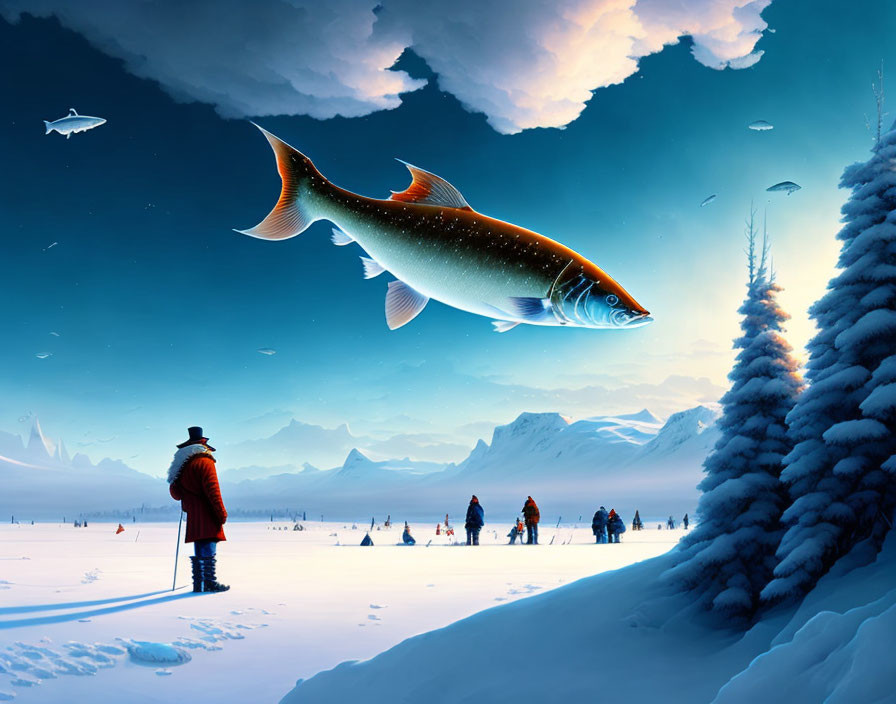 Surreal winter landscape with giant fish, ice fishers, snow-covered trees, and distant UFO