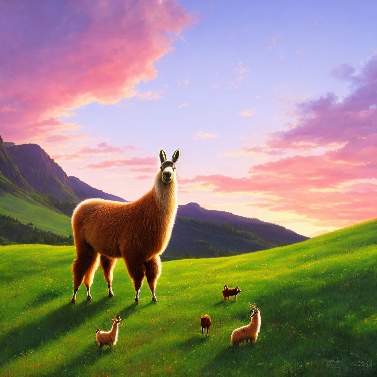 Proud llama on green hill with animals, sunset sky