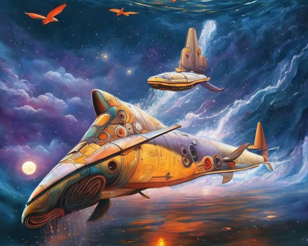 Surreal Fish Spaceships in Starry Sky with Sunset and Birds