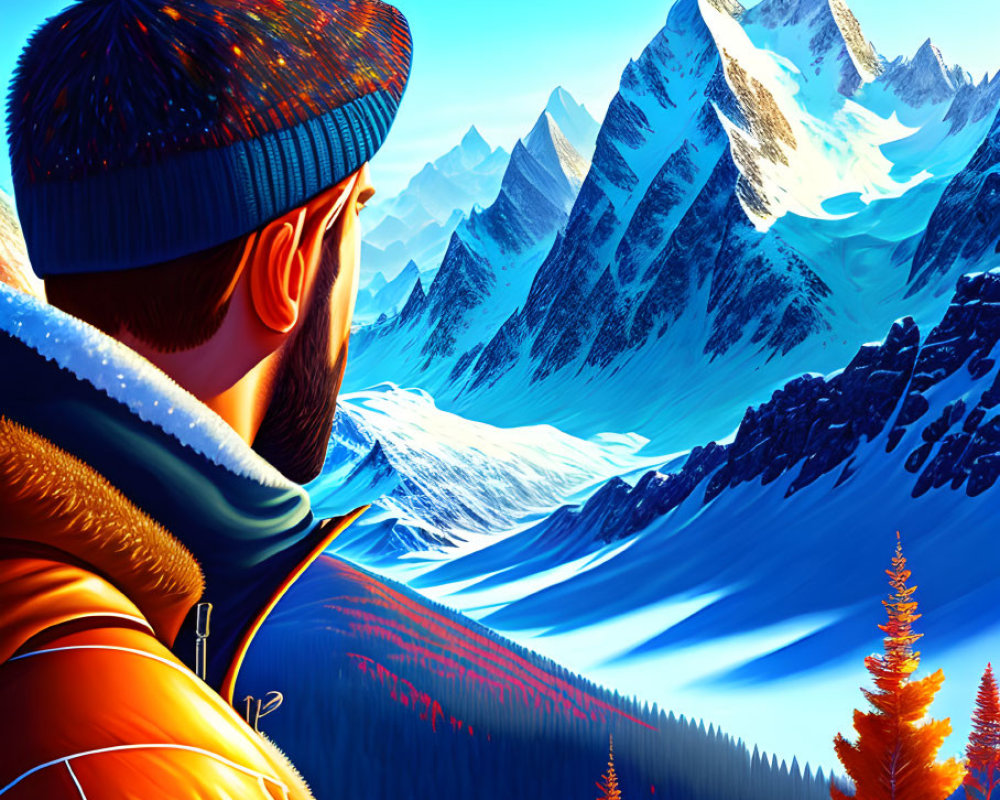 Bearded man in winter attire admiring vibrant snow-covered mountain landscape