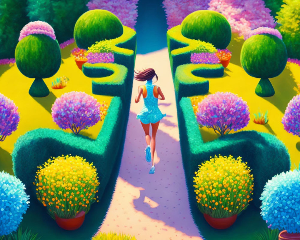 Vibrant woman jogging on colorful pathway with manicured bushes and flower beds.