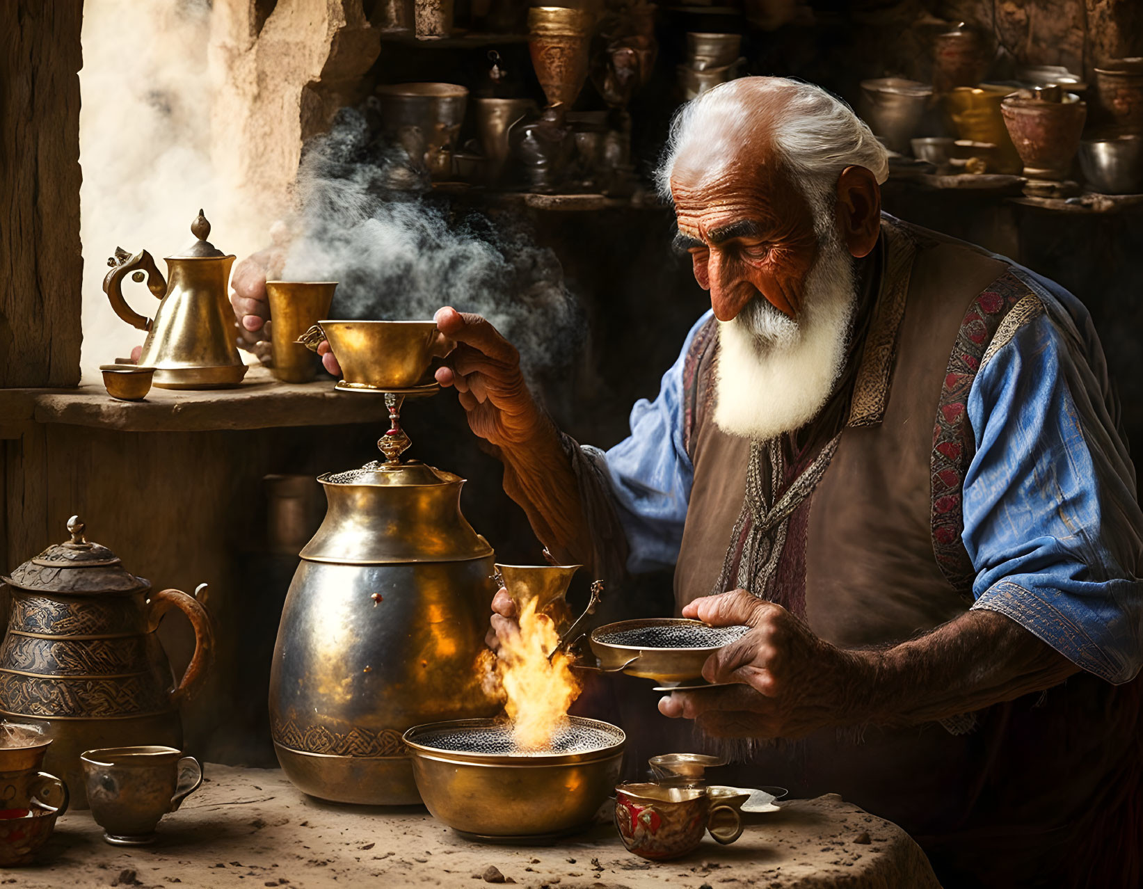 Elderly man pouring hot beverage from metal teapot in rustic setting