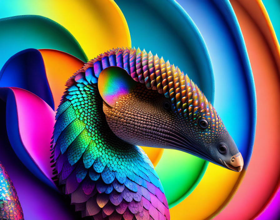Vibrant armadillo digital art with multicolored scales on rainbow background