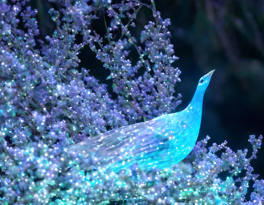 Blue Bird Sculpture with Purple Flowers and Twinkle Lights