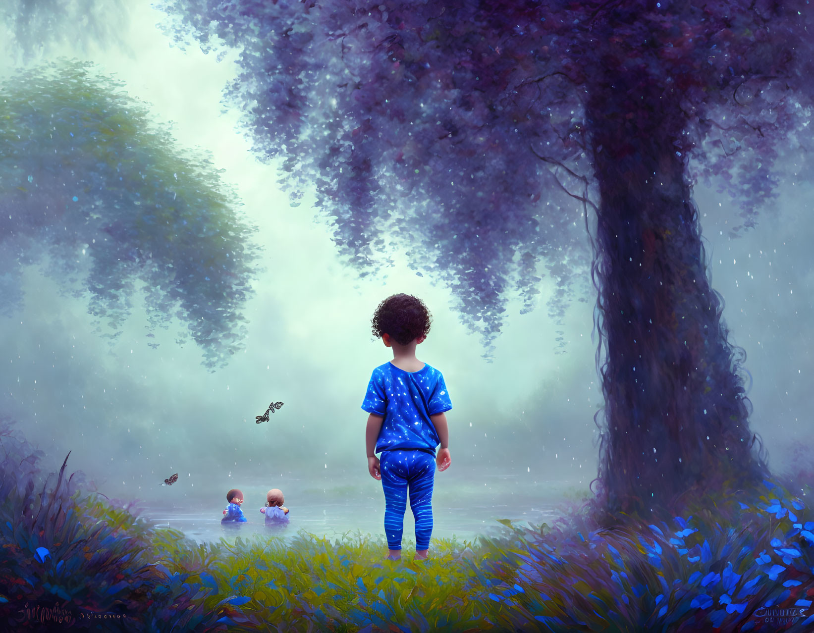 Child in blue surrounded by glowing flowers and ducks in mystical forest with butterflies.