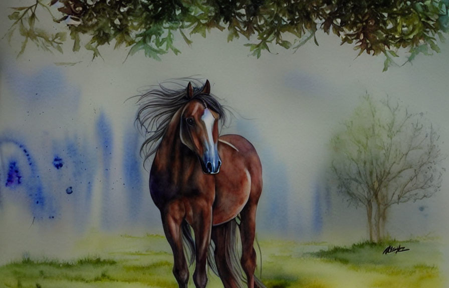 Brown Horse Standing Under Tree in Watercolor Art