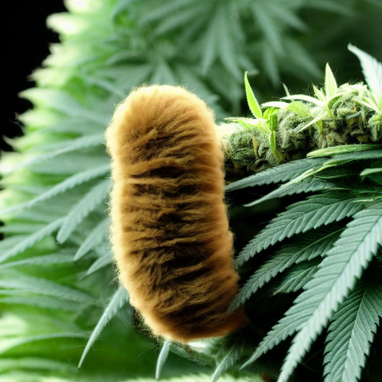 Brown Caterpillar on Green Cannabis Leaf with Blurred Background
