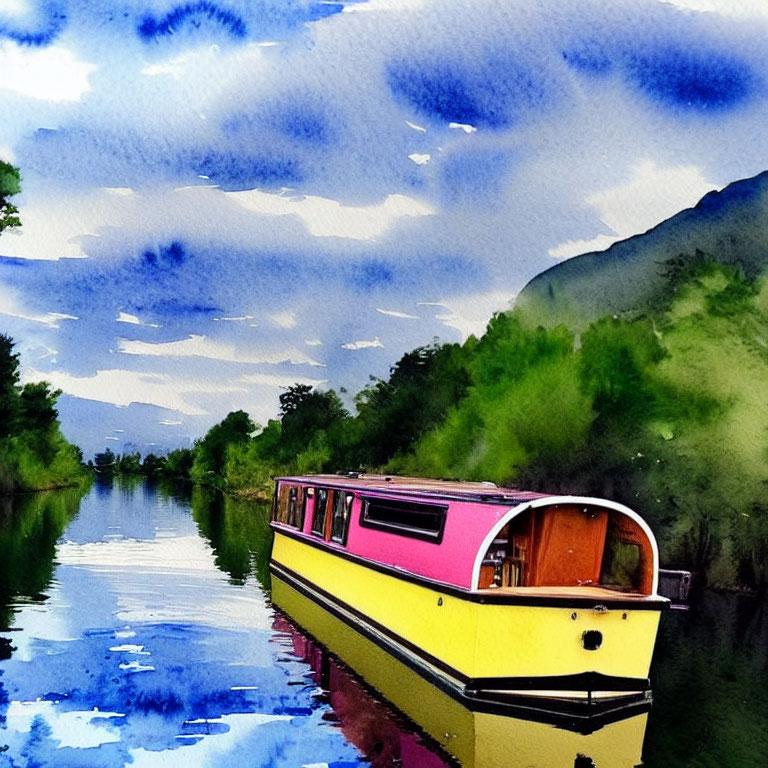 Colorful watercolor painting of yellow and pink narrowboat on serene river