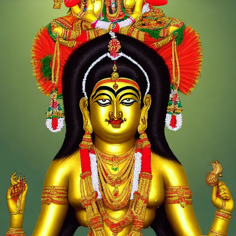 Colorful illustration of serene four-armed deity in traditional Hindu garb