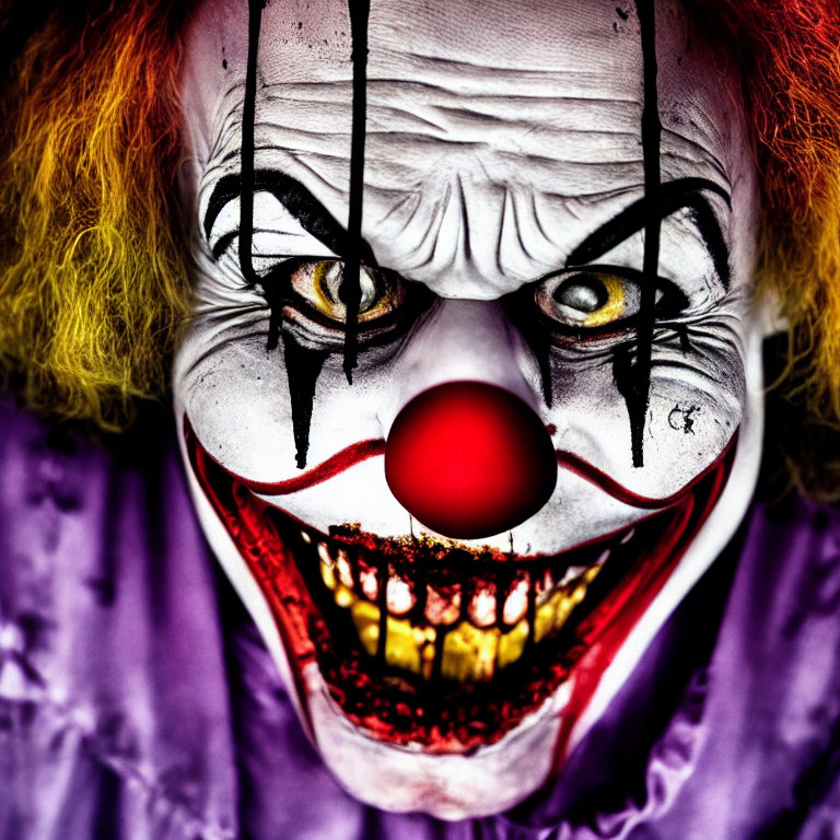Detailed Close-Up of Sinister Clown with White Face Paint and Red Nose