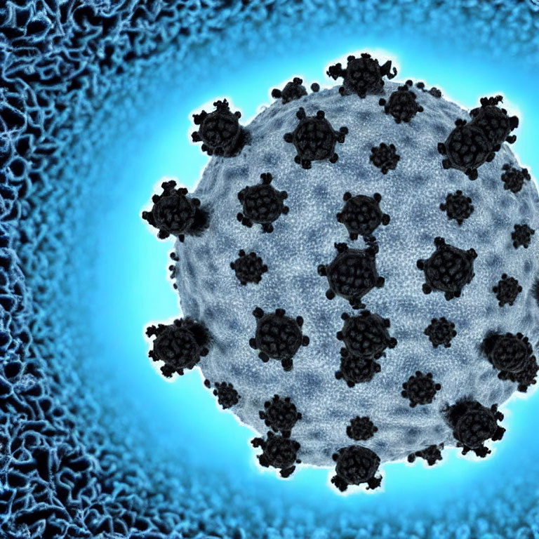Spherical virus with spike proteins on blue cellular background