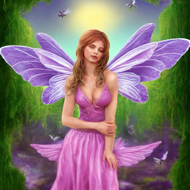 Purple-winged fairy in pink dress against mystical green backdrop with floating butterflies