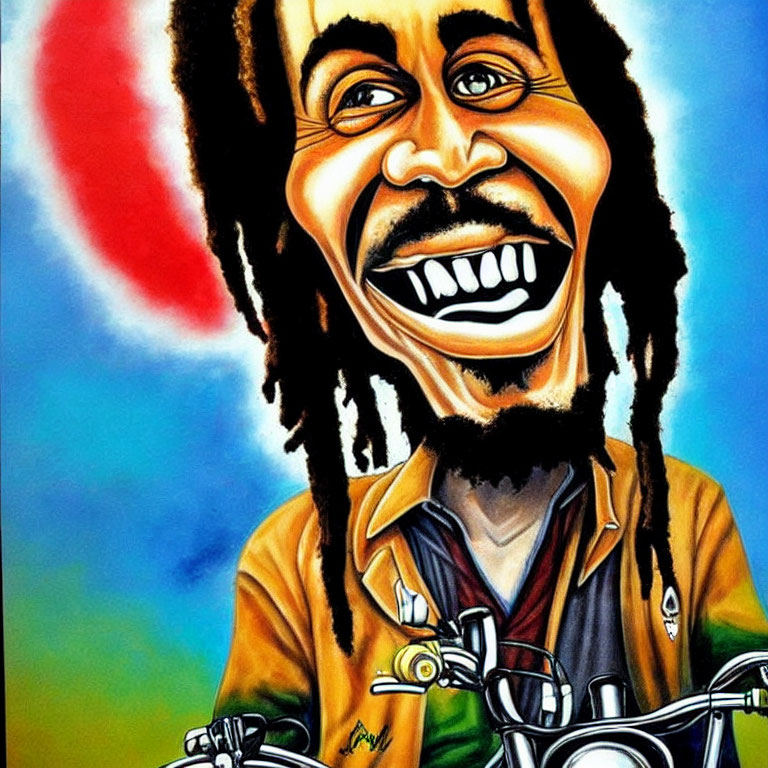Vibrant caricature of a smiling man with dreadlocks on a motorcycle.