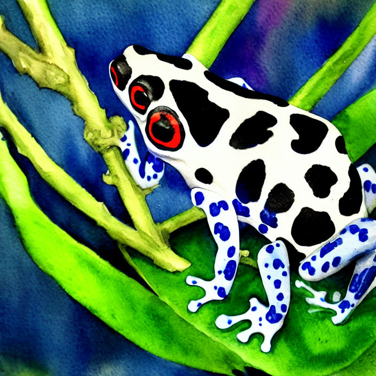 Detailed Watercolor Painting of Blue and White Frog with Red Eyes