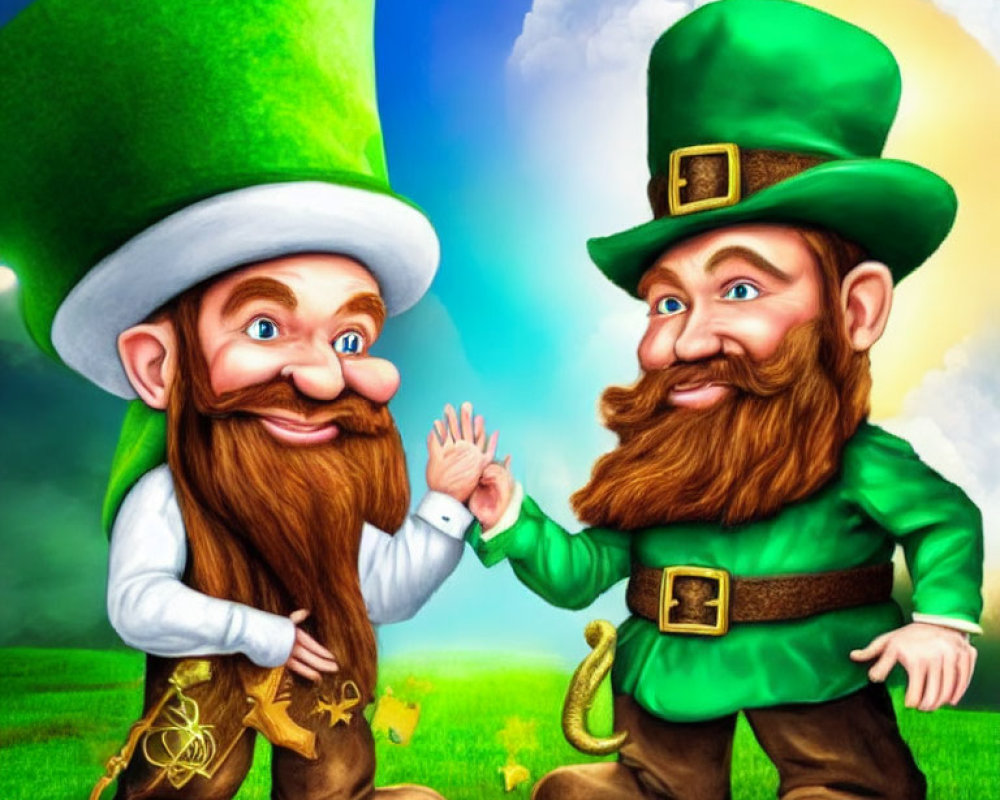 Cheerful leprechauns in green outfits whispering against vibrant backdrop