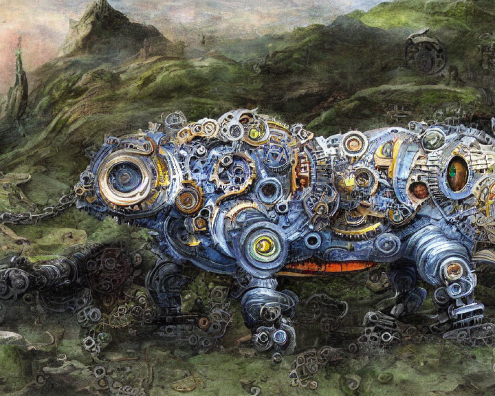 Mechanical rhinoceros sculpture in rocky landscape with gears and chains