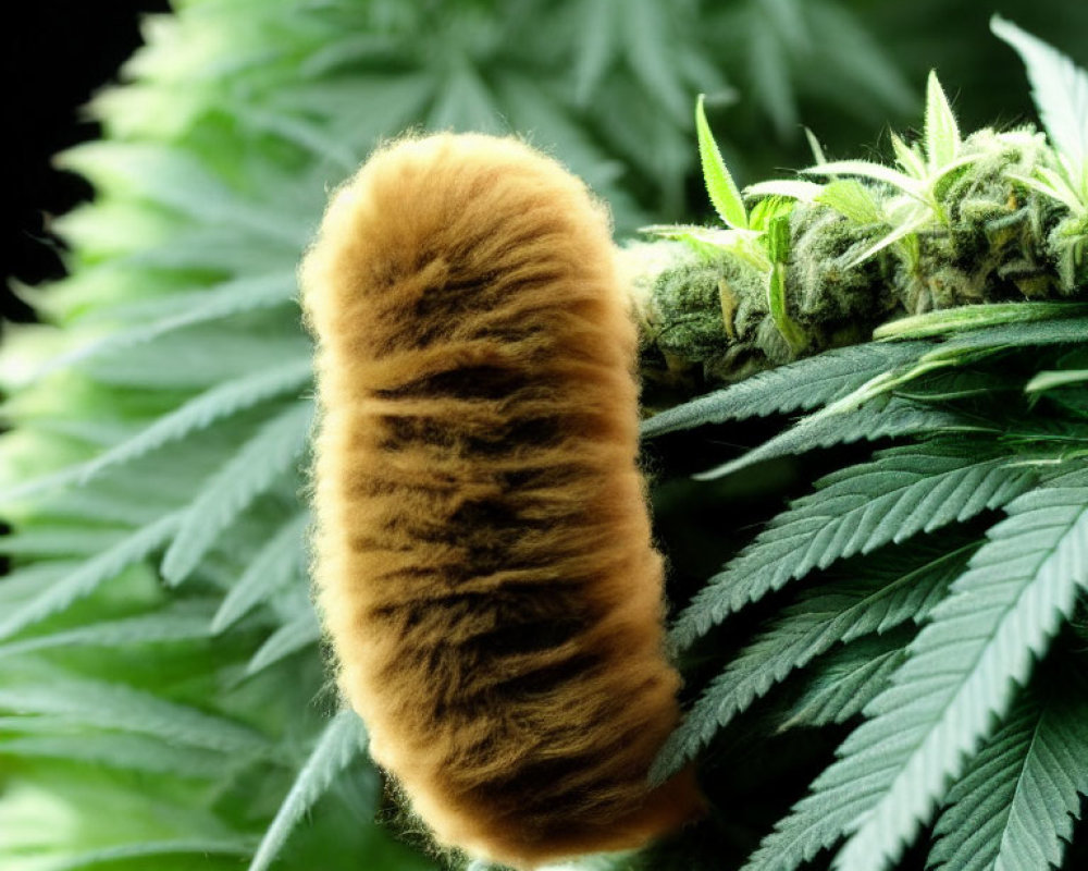 Brown Caterpillar on Green Cannabis Leaf with Blurred Background