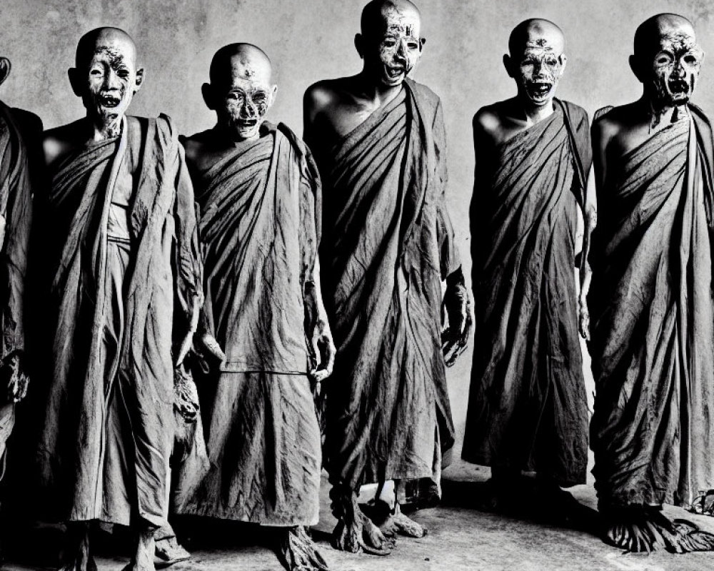 Preserved mummified monks in traditional robes against textured backdrop