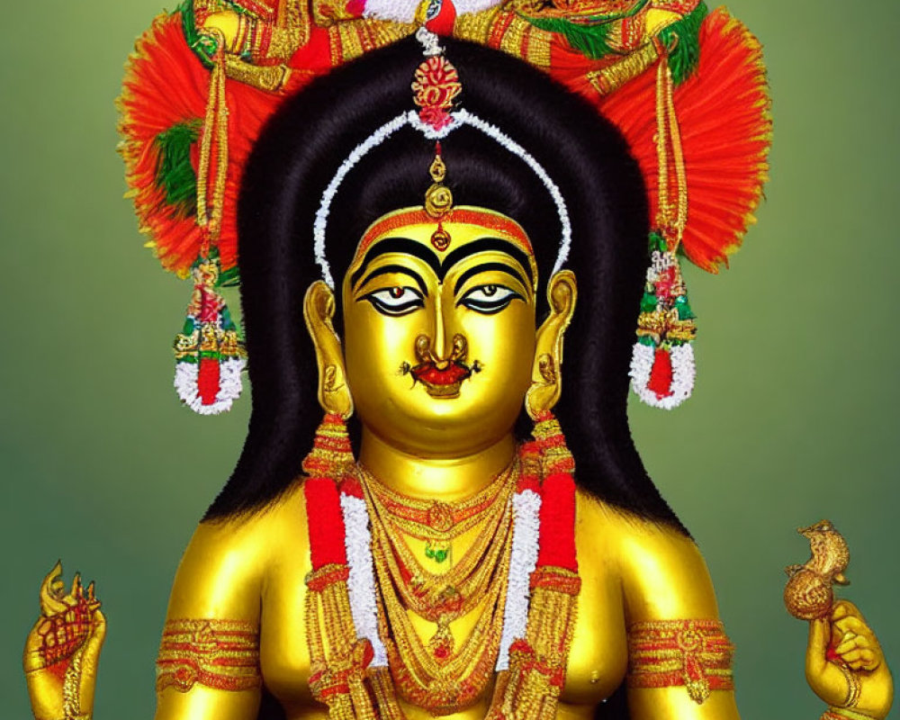 Colorful illustration of serene four-armed deity in traditional Hindu garb
