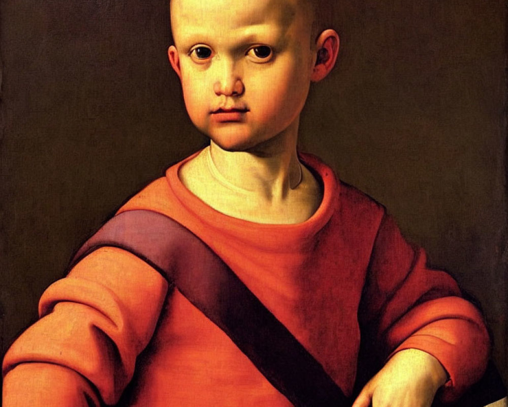 Portrait of child with bald head in red shirt and sash, solemn expression