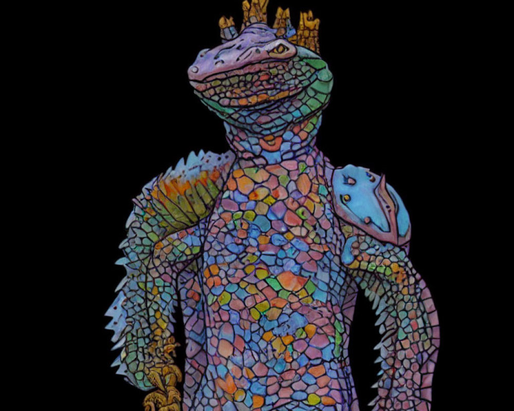 Illustrated multicolored anthropomorphic lizard with smug expression on black background