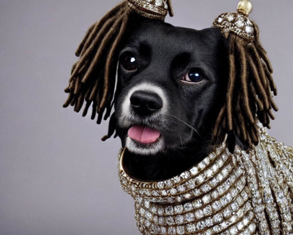 Black Dog with Human-Like Hairstyle and Gold Jewelry
