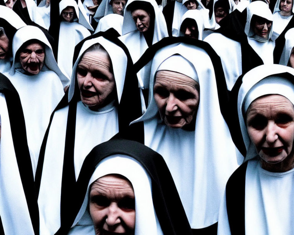 Group of nuns in traditional habits with varied expressions