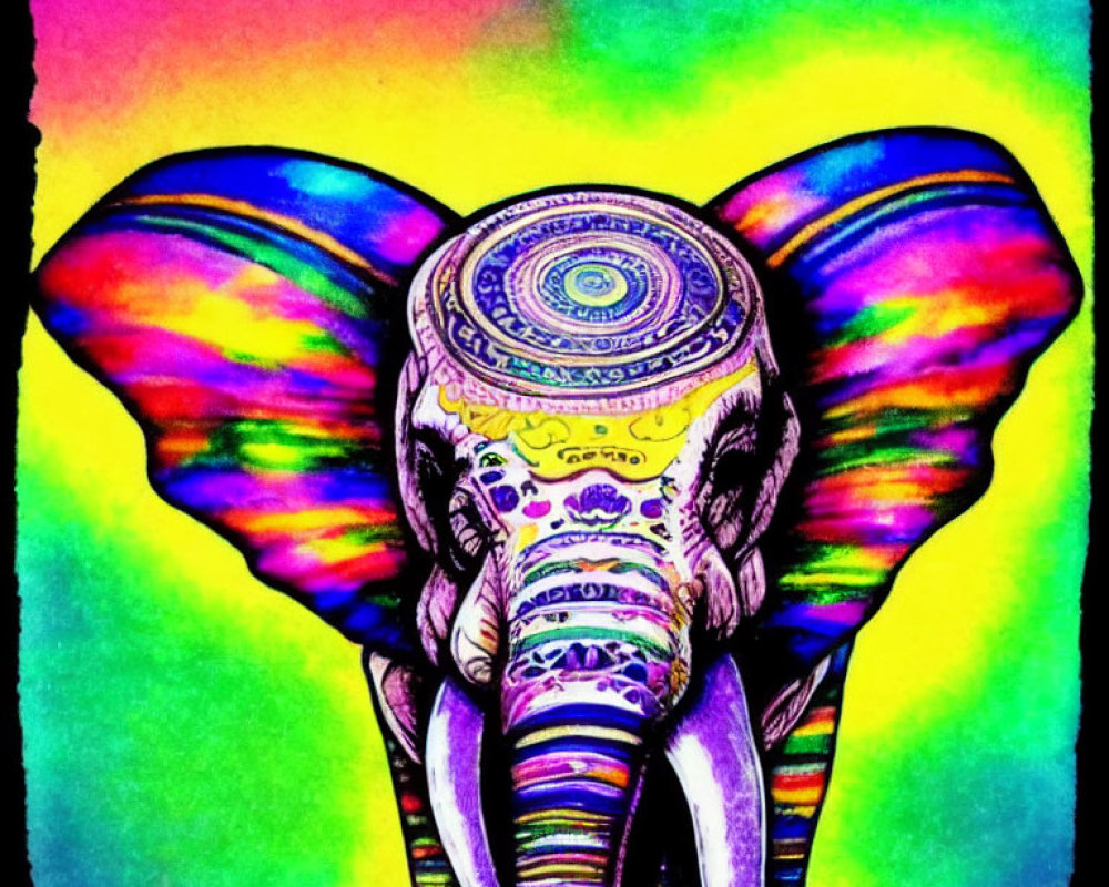 Colorful Elephant Artwork with Psychedelic Patterns and Rainbow Background