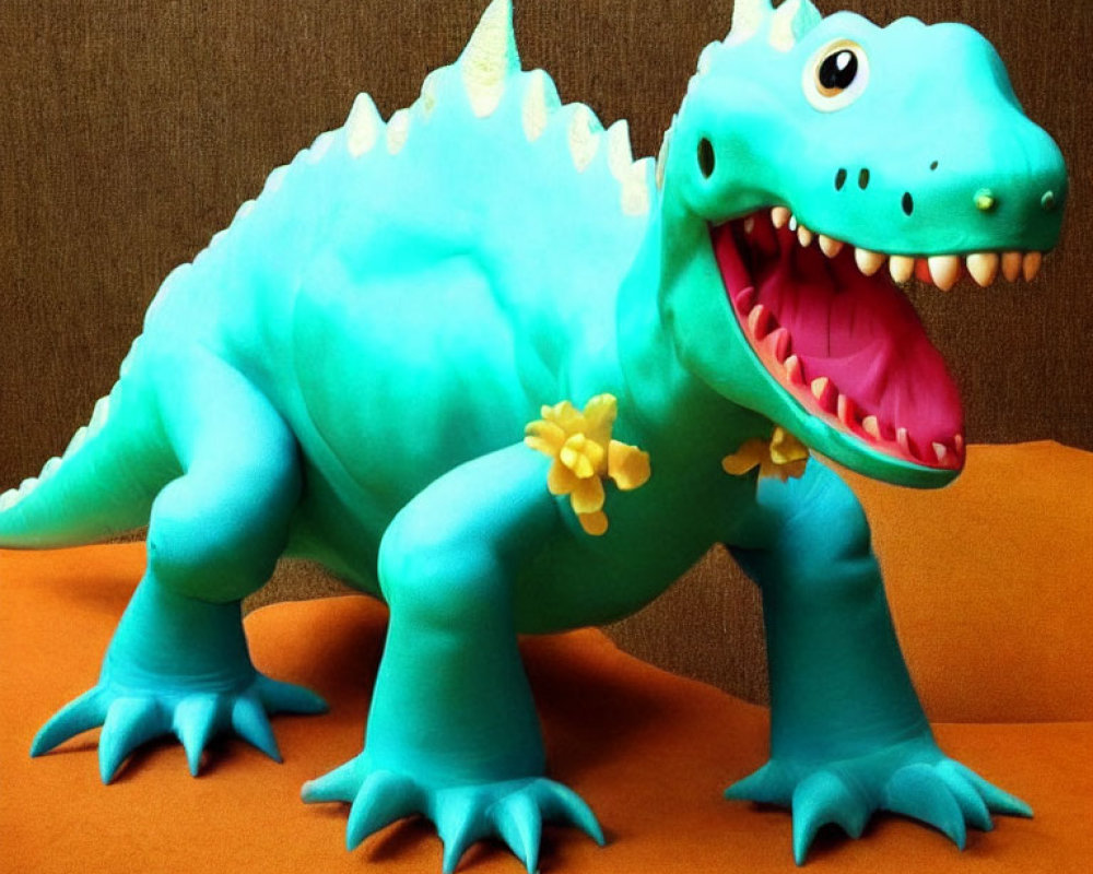 Toy Dinosaur with Yellow Flowers on Turquoise Body Against Brown Background