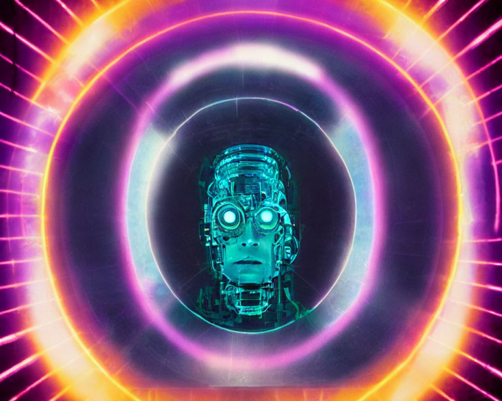 Robotic face with glowing eyes in neon circles on vibrant purple-pink.